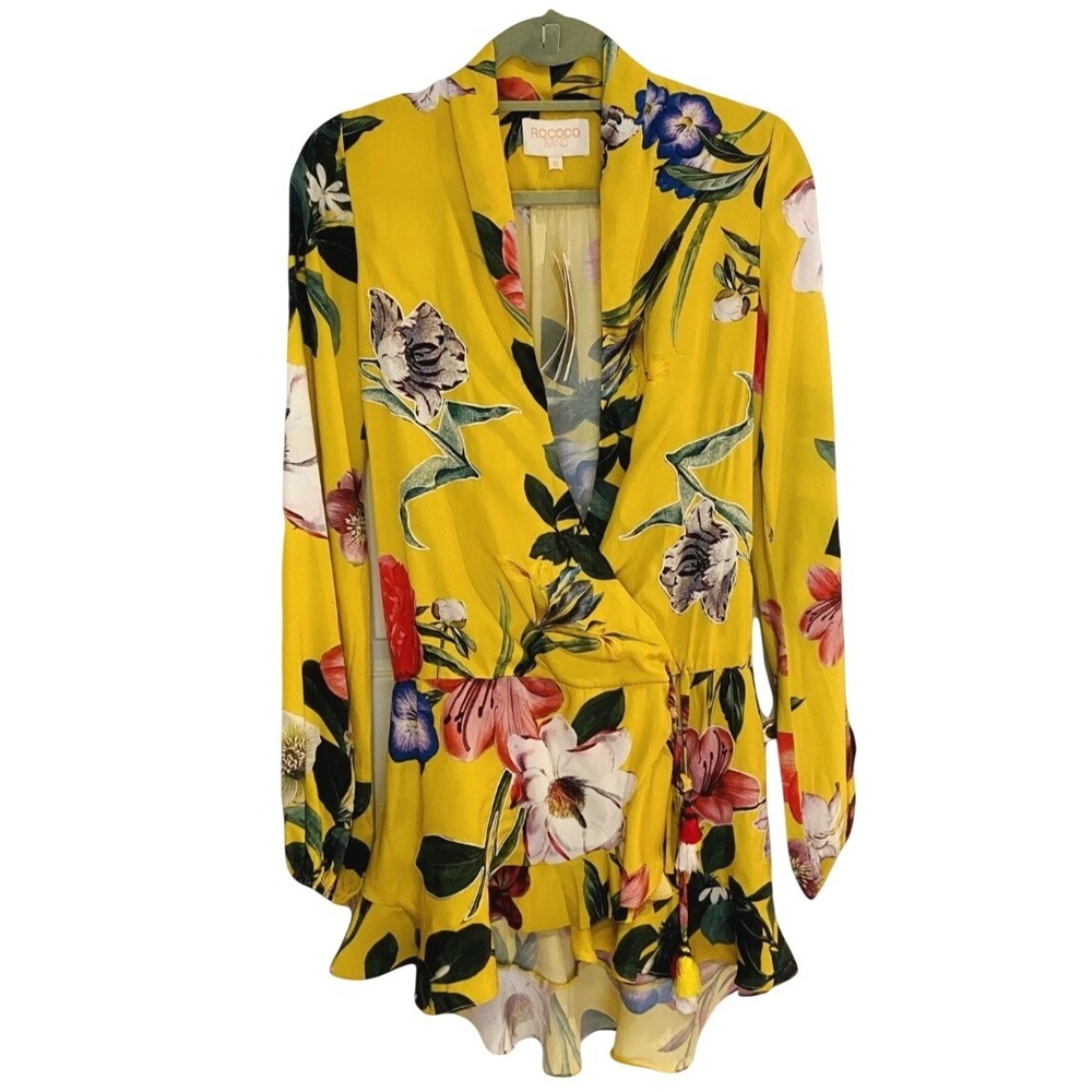 NWT Rococo Sand Hemant Nandita Bloom Yellow Floral Wrap Mini Dress Womens XS